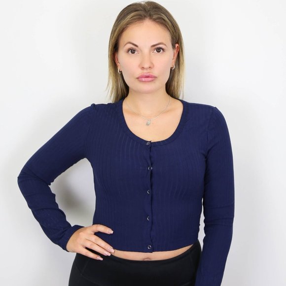 NAVY LONG SLEEVE BUTTON UP TOP - Picture 1 of 3
